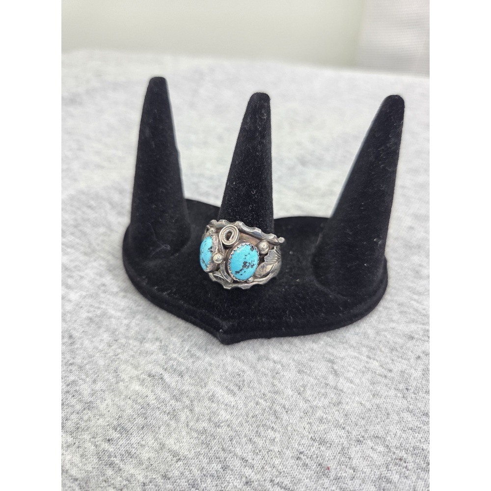 Chester Charley Navajo Kingman Turquoise Feather Signed Ring Size 10 Sterling